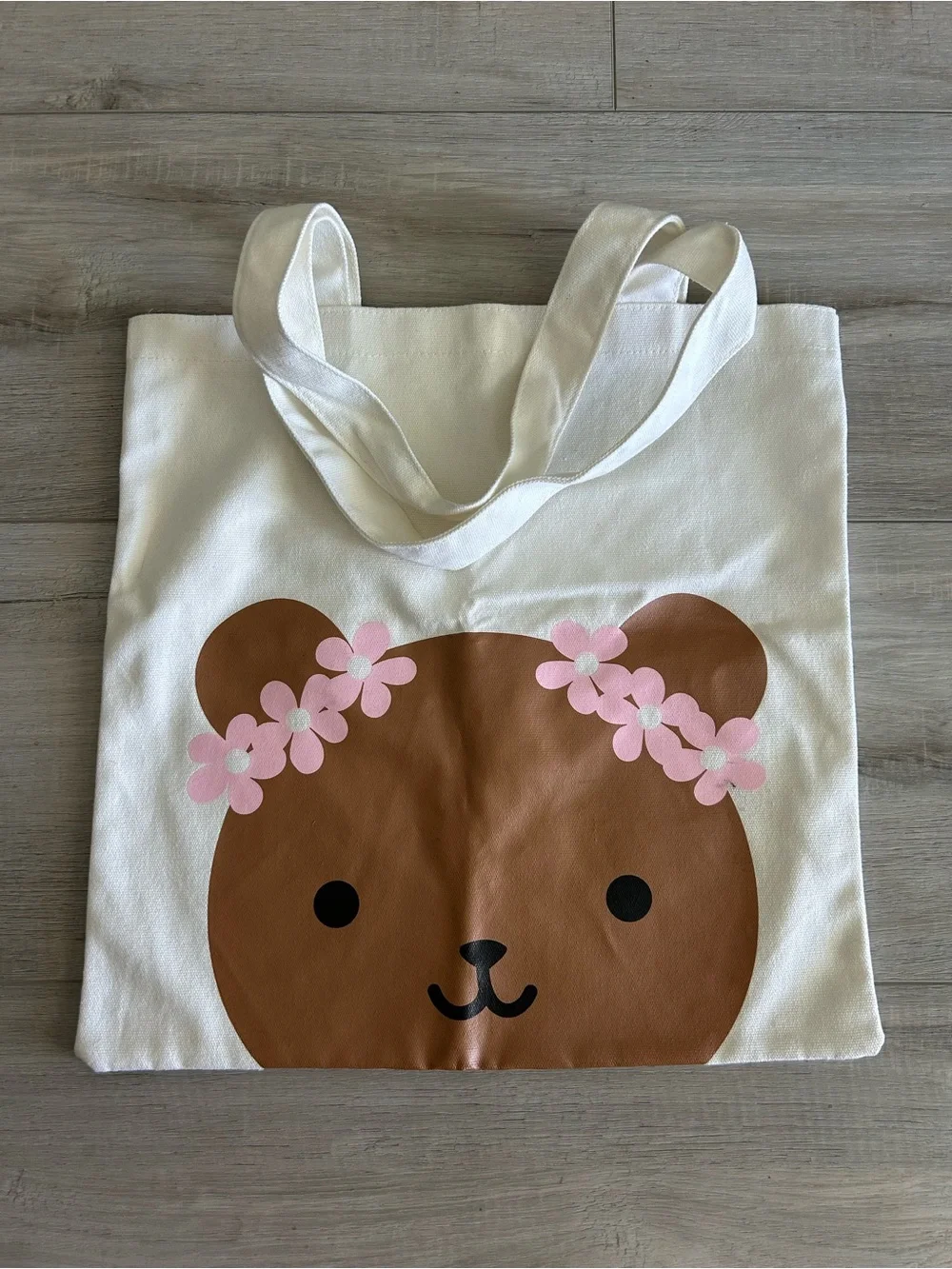 Forever 21 Canvas Tote Bag with Brown Bear and Pink Flowers